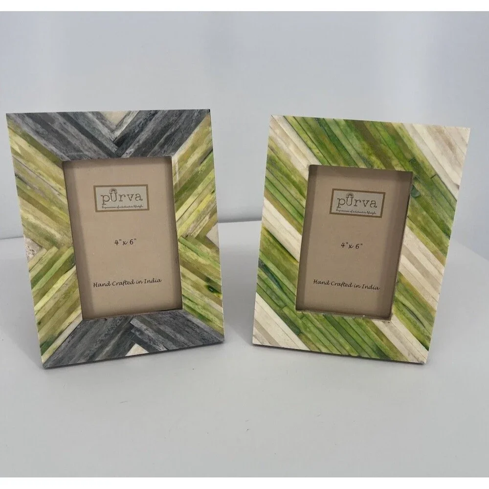 2 Purva Picture Frames Hand Crafted In India 4x6 Photos Green Gray Beige